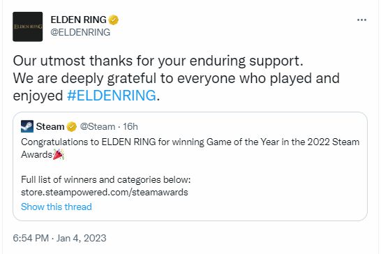 《老头环》获得Steam年度大奖年度最佳 官方发文致谢