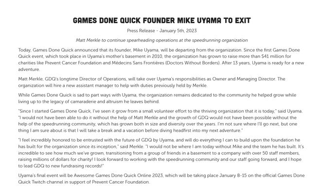 游戏速通大会GDQ创始人Mike Uyama将离职