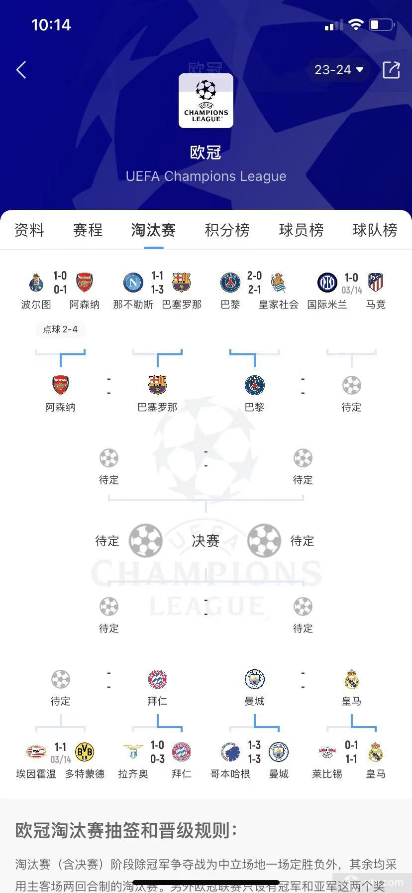 2023-2024欧冠八强抽签时间表：北京时间3月15日19点进行