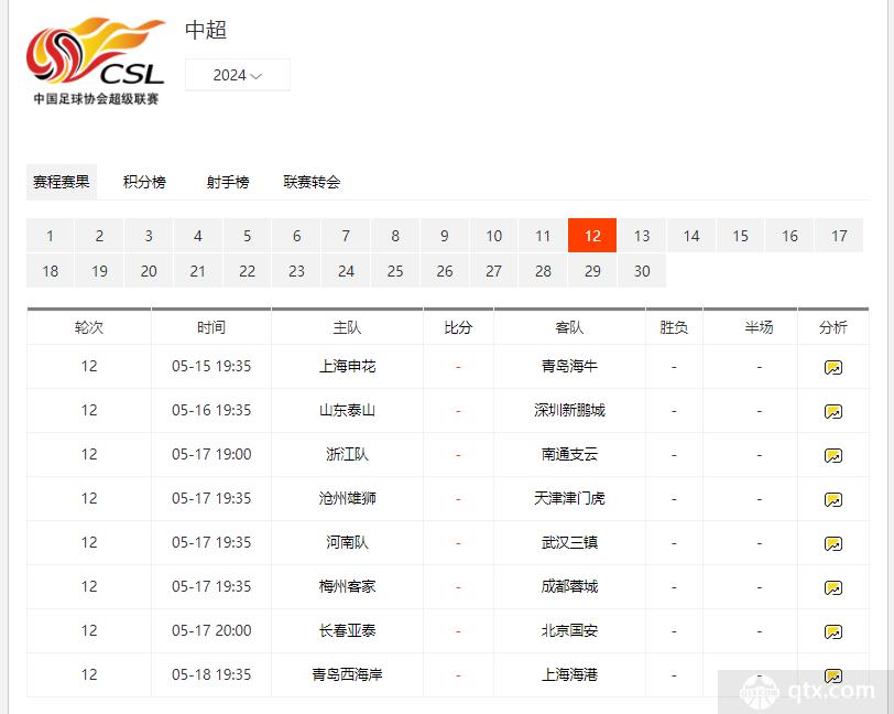 2024中超第12轮赛程及转播详细时间表完整版汇总