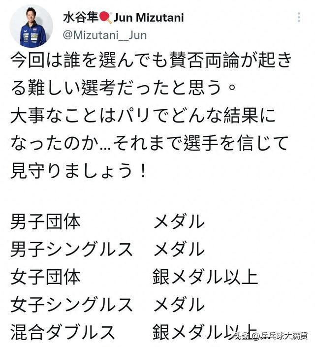 张本智和承受压力来自水谷隼对日本队在巴黎奥运会上的成绩的预测！