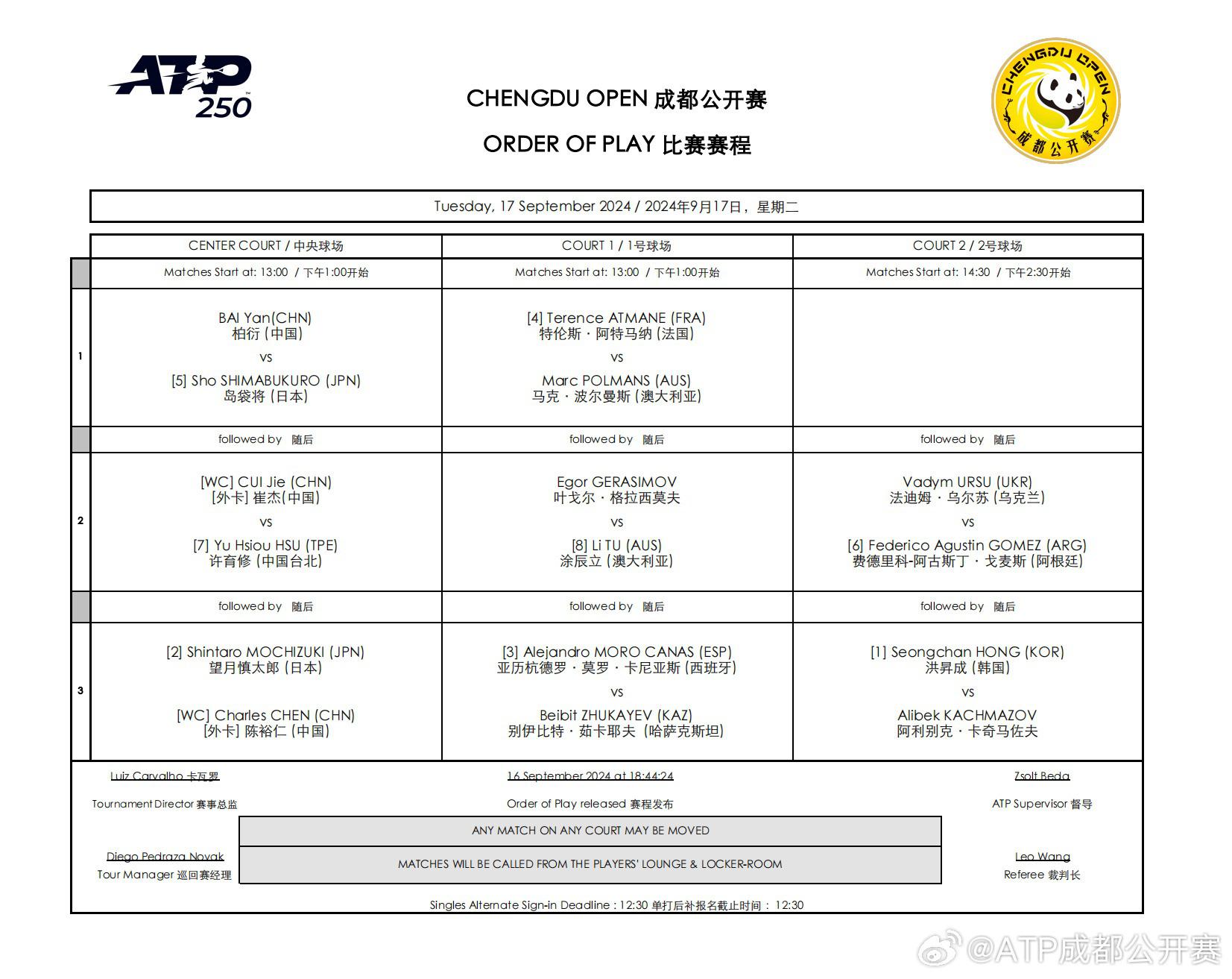 ATP成都公开赛首日赛程：三名中国大陆球员将出战(1)