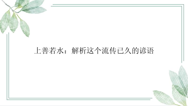 上善若水：解析这个流传已久的谚语