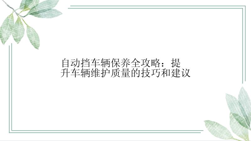 自动挡车辆保养全攻略：提升车辆维护质量的技巧和建议