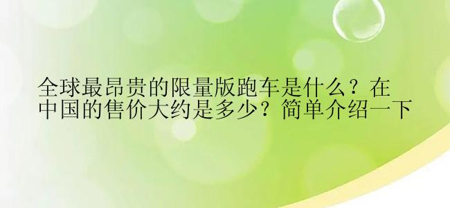 全球最昂贵的限量版跑车是什么？在中国的售价大约是多少？简单介绍一下