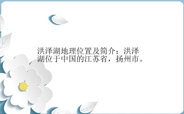 洪泽湖地理位置及简介：洪泽湖位于中国的江苏省，扬州市。