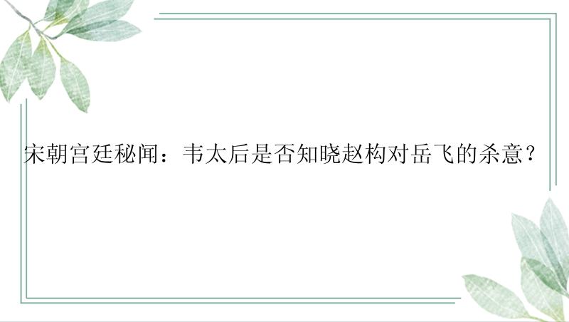 宋朝宫廷秘闻：韦太后是否知晓赵构对岳飞的杀意？