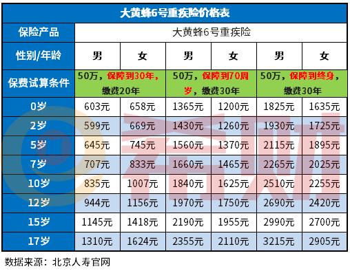 大黄蜂6号重疾险多少钱