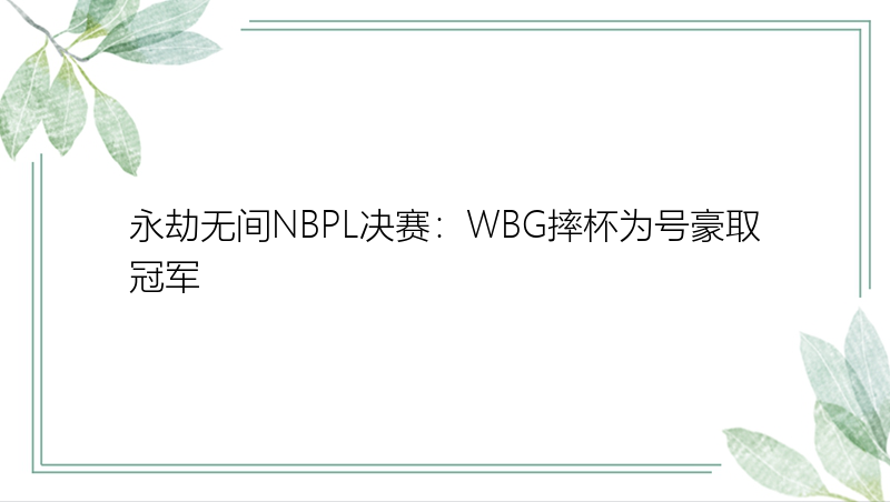 永劫无间NBPL决赛：WBG摔杯为号豪取冠军