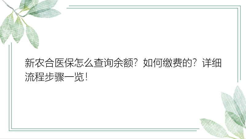 新农合医保怎么查询余额？如何缴费的？详细流程步骤一览！